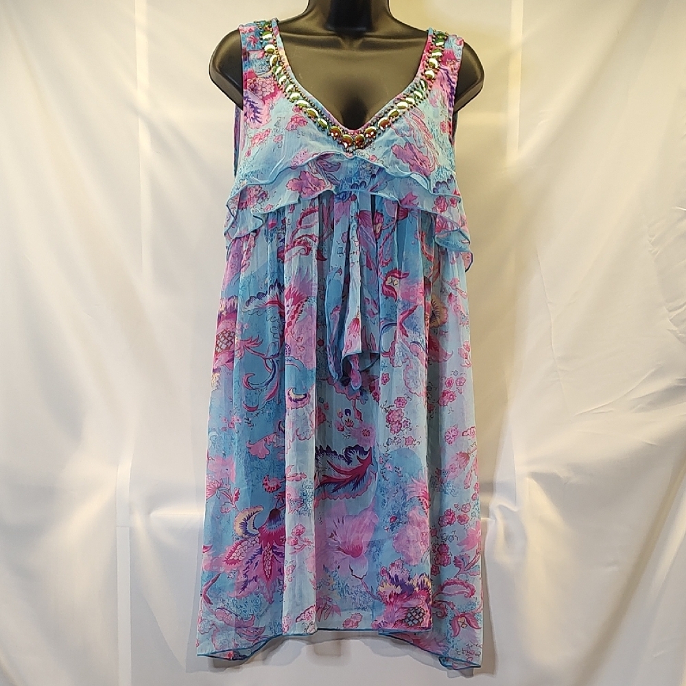 Floral Sleeveless Dress - Blue and Pink
